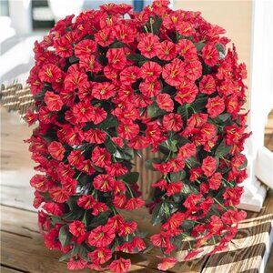 Artificial Faux Hanging Flowers Plants for Outdoor Outside, 2 PCS Fake Silk Red